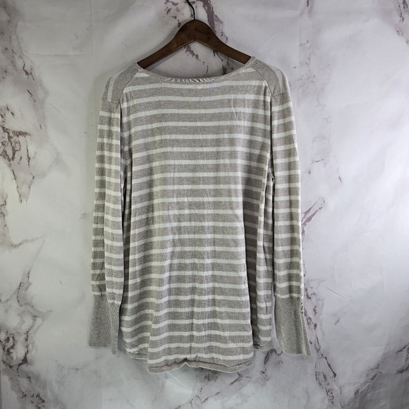 Nic + Zoe Top Womens XL Tan Black Beige Striped V Neck Long Sleeve Shirt Cotton - Picture 5 of 10